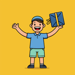 Business cartoon vector illustration of a smiling man, boy, and worker with laptops and suitcases, representing people and characters in the office