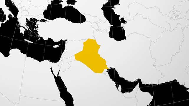 Iraq map. Animated zoom into the country on the Globe in Black White color palette. Country logo animation. Map with meridians, parallels. Trending video.