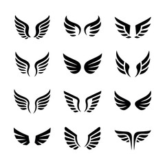 Obraz premium Collection of twelve stylized black wing icons on white background
