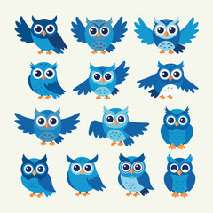 Fototapeta premium Collection of cute blue cartoon owls in various poses