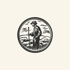 Vintage woodcut style logo of a shepherd with sheep in a circle frame