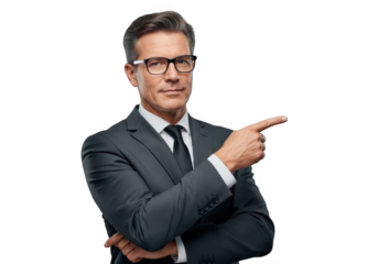 Confident businessman in suit pointing, isolated on transparent background