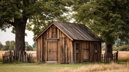 Rustic wooden cabin nestled between two large trees in a field.
