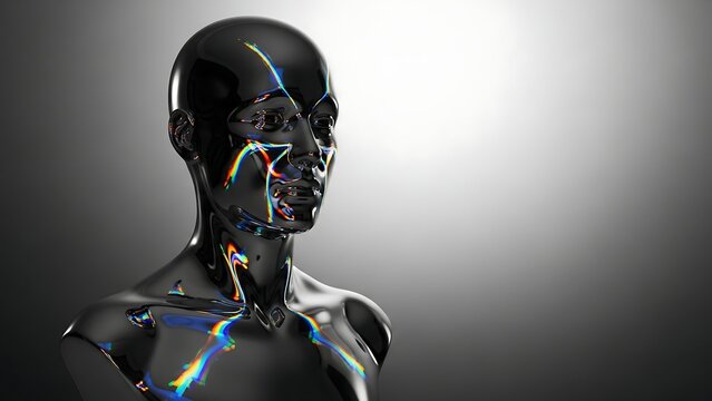 Abstract glossy humanoid figure with refractive light on dark background