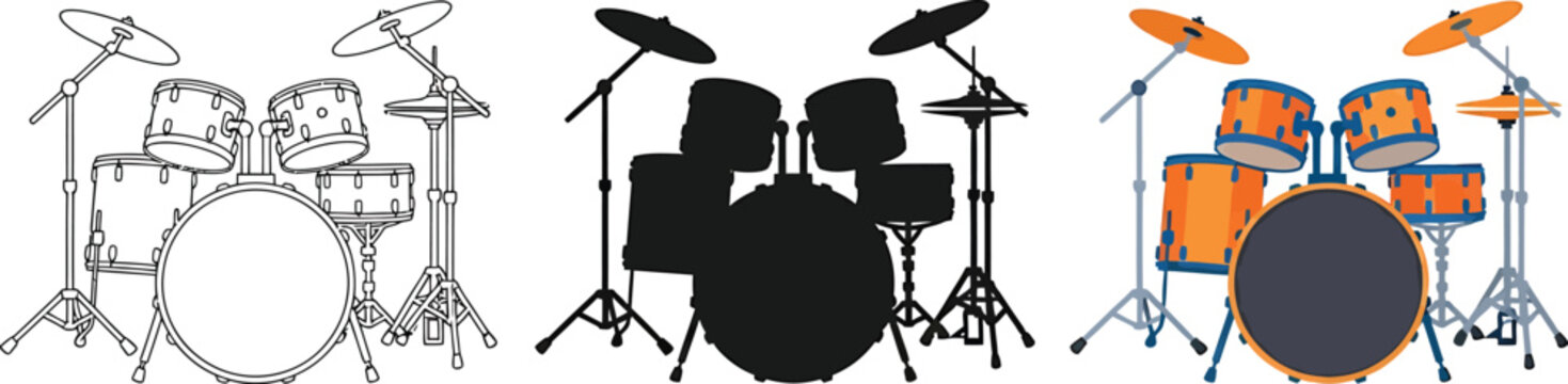 Musical Drum Kit Illustration in Outline Silhouette and Color Styles