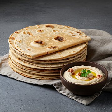 A stack of thin, pliable laffa bread (Middle Eastern flatbread) fresh off the saj oven, with a slight char, next to a bowl of hummus. Soft, textured fabric underneath