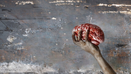Zombie hand with wounds and blood holding a human brain with a grungy wall background. Zombie,...