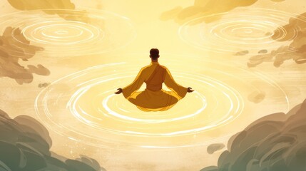 Meditating figure in calm waters with golden light and atmospheric clouds