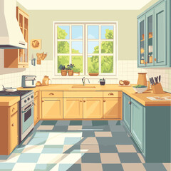 Charming Cartoon Kitchen Interior with Table, Counter, Cabinets, and Window   , vector style simple color