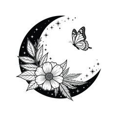 Fototapeta premium Whimsical crescent moon with blooming flower and butterfly illustration celestial night garden vector