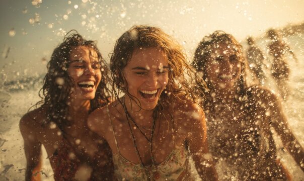 Joyful Women Splashing in Water, Celebrating Summer Fun. - Powered by Adobe