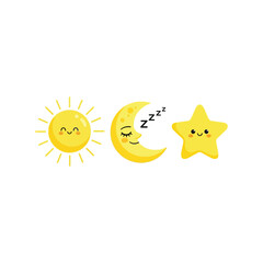 Cute cartoon sun moon star characters sleepy night sky celestial icons vector
