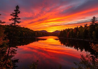Vibrant orange and red autumn sunset over a calm, pristine mountain lake surrounded by dense, colorful forest ,view ,natural beauty ,nature