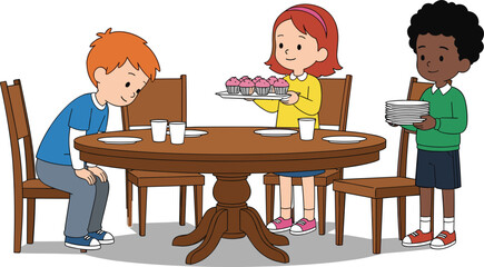 Children preparing birthday party with cupcakes, plates, festive table setup, teamwork, celebration mood, indoor gathering, happy kids, colorful clothing, joy