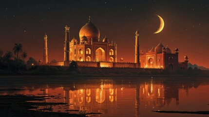 Taj mahal illuminated at dusk with crescent moon and reflecting water