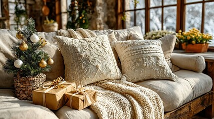 Cozy Christmas Living Room Scene with Miniature Tree, Gifts, and Textured Pillows by a Window