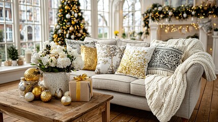 Cozy Christmas Living Room with Decorated Tree, Fireplace Garland, and Festive Pillows