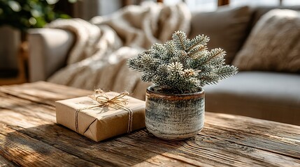 Cozy Christmas Scene: Gift and Evergreen Plant on Rustic Wooden Table.