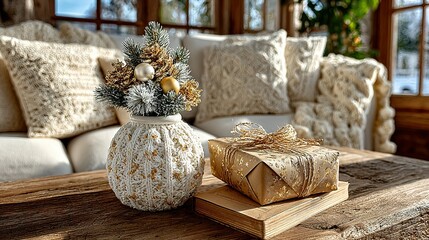 Festive Christmas Still Life: Knitted Vase, Golden Gift, and Rustic Charm