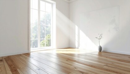 Sunbeams Streaming Through Large Window Illuminating Empty White Room with Wood Floor and Minimalist Vase Decor