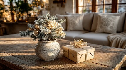 Elegant Rustic Holiday Decor Bathed in Warm Morning Light with Bokeh Background