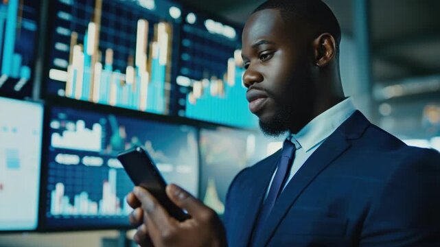A man dressed in business attire is engrossed in the content on his smartphone, seemingly oblivious to the large data display panels surrounding him.