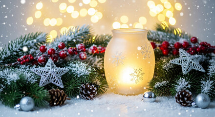Cozy christmas scene with a glowing lantern, frosted fir branches, pinecones, and ornaments on a snowy surface, illuminated by warm fairy lights
