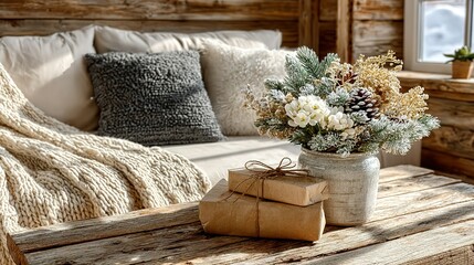 Cozy Rustic Christmas: Gifts, Floral Arrangement, and Wooden Textures