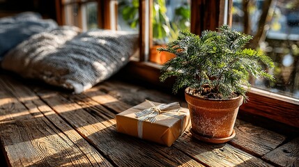 Rustic Window Sill Scene: Gift, Plant, and Cozy Sunlight.