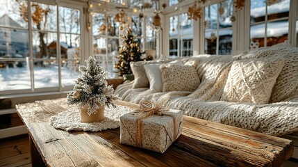 Cozy Christmas Morning: Gift, Tree, and Winter Sunlight in Sunroom