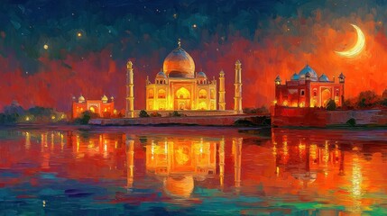 Majestic palace reflecting in calm waters at sunset night scene