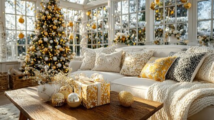 Elegant Golden Christmas Decor in a Sun-drenched Conservatory Living Room