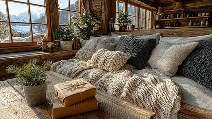 Cozy Winter Cabin Retreat with Snow-Capped Mountains and Christmas Gifts