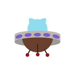 flat design of cartoon-style brown flying saucer with a grey rim featuring purple and dark grey circles, and a light blue cat-like head visible in its cockpit