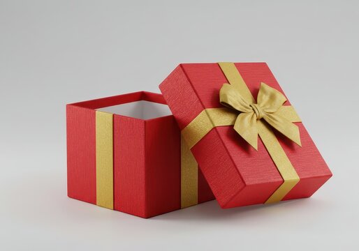 A luxurious bright red gift box, lid removed, tied with a shiny gold ribbon, ready to present a festive surprise for any special occasion ,decoration ,birthday ,preparation