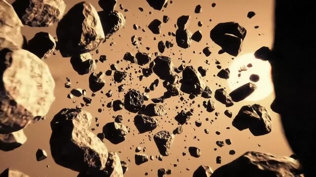 Cosmic asteroid field disintegration near bright sun in space