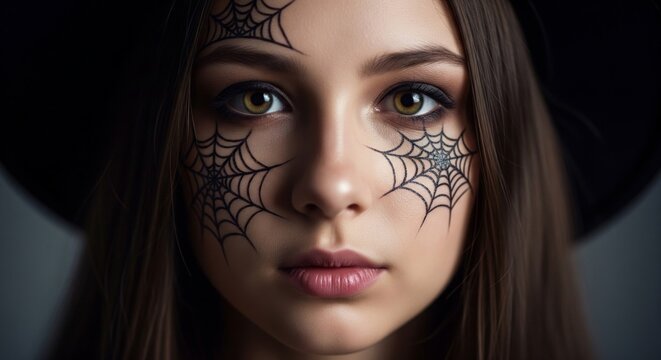 Young Woman Wearing Halloween Spider Web Makeup with Black Hat Studio Portrait