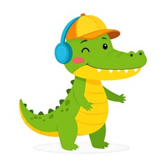 Obraz premium Cartoon alligator with a cap and headphones. Winking and smiling