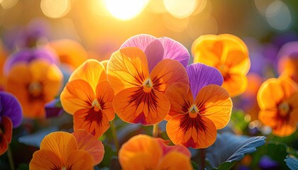 Vibrant Pansies Bloom in Golden Sunlight with Soft Bokeh Background during Golden Hour