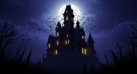 Pixelated Spooky Mansion Under Moonlight with Flying Birds and Dark Atmospheric Silhouette Trees