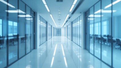 Abstract blur luxury hospital corridor. Blur clinic interior background with defocused effect. Healthcare and medical concept