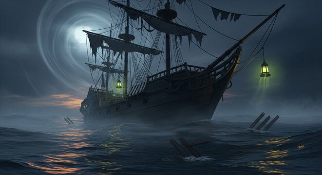 Pixelated Old Pirate Ship Sailing on Wavy Sea under Glowing Moon Lit Night Sky