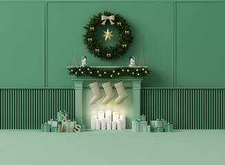 3D rendered minimal Christmas interior scene with green fireplace, stockings, candles, and holiday wreath. Elegant mint green winter decor for luxury seasonal design and advertising.