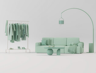 Clothes hanging on a rack, fitting room on green background. Creative composition. Light background with copy space. 3D render for web page, studio, store fashion	
