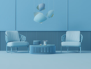 Creative interior design in green blue studio with lamp and two armchair. 3D rendering for web page. Creative composition. Sale concept	