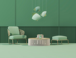 Creative interior design in green blue studio with lamp and two armchair. 3D rendering for web page. Creative composition. Sale concept	