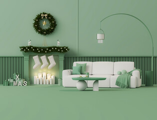 3D rendered minimal Christmas interior scene with green fireplace, stockings, candles, and holiday wreath. Elegant mint green winter decor for luxury seasonal design and advertising.