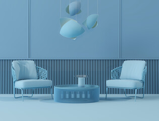 Creative interior design in green blue studio with lamp and two armchair. 3D rendering for web page. Creative composition. Sale concept	