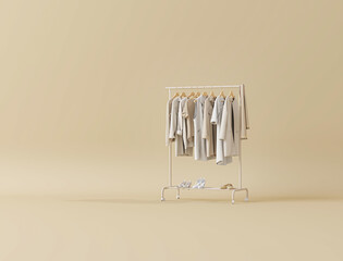 Clothes hanging on a rack with pastel beige background. Dress, sweater, shirt and sofa on living room. Creative composition. Sale concept	
