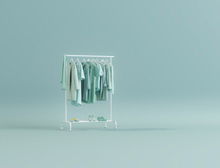 Clothes hanging on a rack, fitting room on green background. Creative composition. Light background with copy space. 3D render for web page, studio, store fashion	
